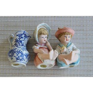 Vtg Andrea by Sadek Bisque Piano‎ Boy, Girl Figurines #6682, & Chinoiser Pitcher